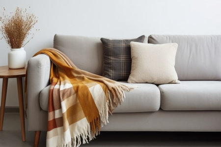 a plush throw blanket and cushions on a mid-century modern couch, created with generative aiの素材