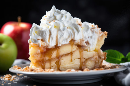freshly whipped cream on a slice of apple pie, created with generative aiの素材