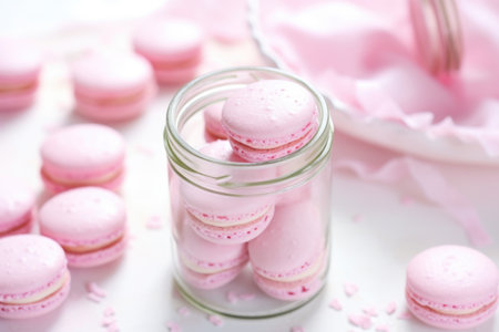 baby pink macarons stacked in a clear glass jar, created with generative aiの素材