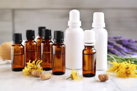 spray bottles of diy cleaner with essential oil bottles, created with generative aiの素材