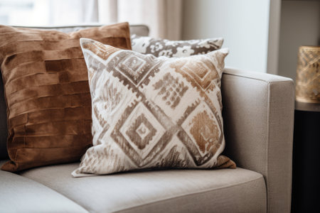decorative handmade pillows on a neutral-toned couch, created with generative aiの素材