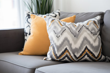 decorative pillows on a grey sofa, created with generative aiの素材
