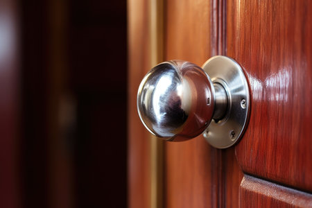 close-up of a shiny steel doorknob, created with generative aiの素材