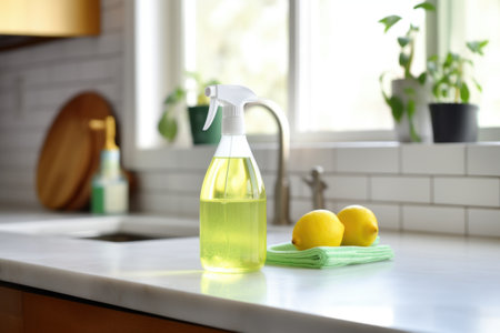 an empty bottle of eco-friendly kitchen cleaner by the sink, created with generative aiの素材