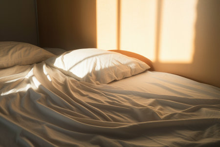 an empty side of a double bed in the morning light, created with generative aiの素材