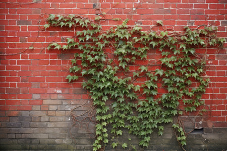 red brick wall with ivy climbing over, created with generative aiの素材