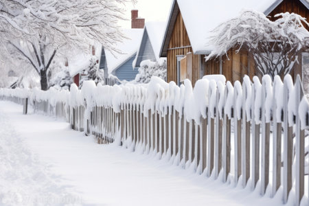 snow-covered wooden picket fence, created with generative aiの素材