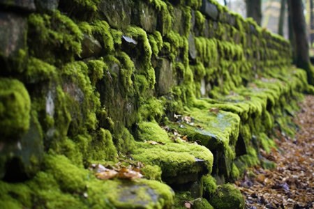 photograph of a moss-covered stone wall, created with generative aiの素材