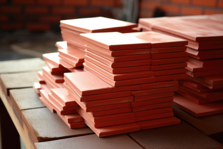 pile of red-brick tiles ready for installation, created with generative aiの素材