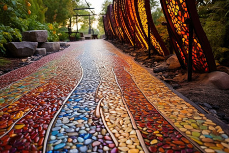 multi-colored pebbled outdoor walkway, created with generative aiの素材