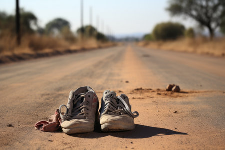 pair of worn-out shoes left in a dusty road, created with generative aiの素材