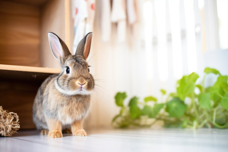 a rabbit sitting in a newly adopted home environment, created with generative aiの素材