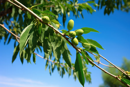 an avocado tree with fruits hanging low on its branches, created with generative aiの素材