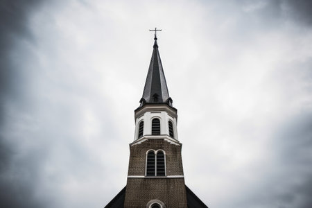 church bell tower framed by the grey cloudy sky, created with generative aiの素材