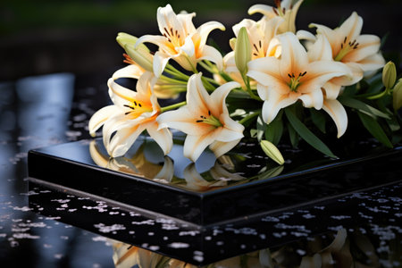 an arrangement of lilies on a shiny black tombstone, created with generative aiの素材