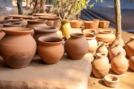horizontal shot of various sizes of clay pots, created with generative aiの素材