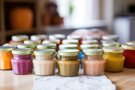 a collection of baby food jars on kitchen cabinet, created with generative aiの素材
