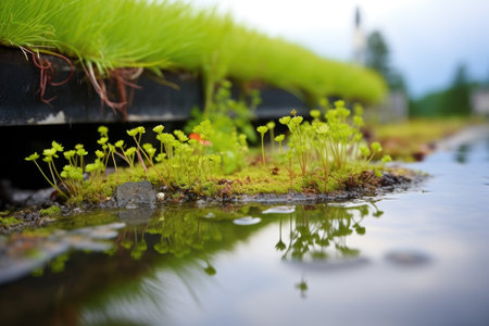 close shot of rainwater trickling across a green roof, created with generative aiの素材