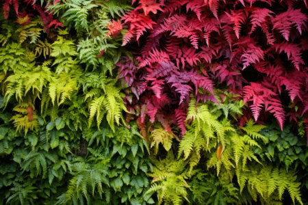 a living wall bright with colourful ferns and moss, created with generative aiの素材