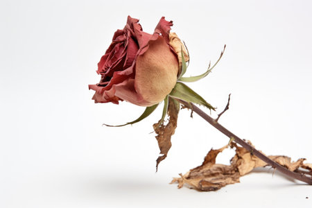 single withered rose against a white background, created with generative aiの素材