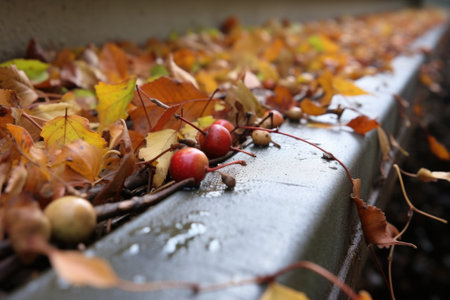 gutter cluttered with small twigs and acorns, created with generative aiの素材