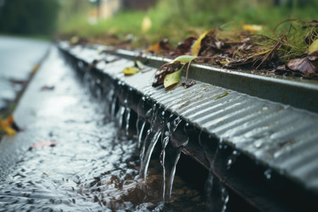 close-up of a filled gutter during a rainfall, created with generative aiの素材