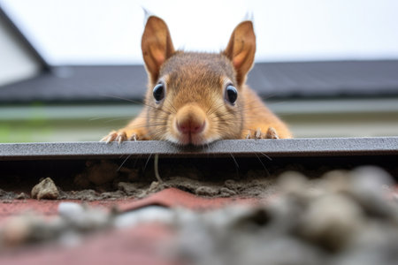squirrel peeping from a gutter filled with debris, created with generative aiの素材