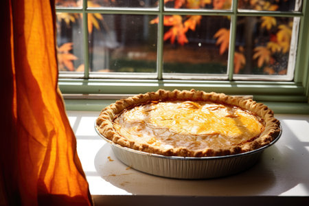 golden crispy thanksgiving pie cooling on a windowsill, created with generative aiの素材