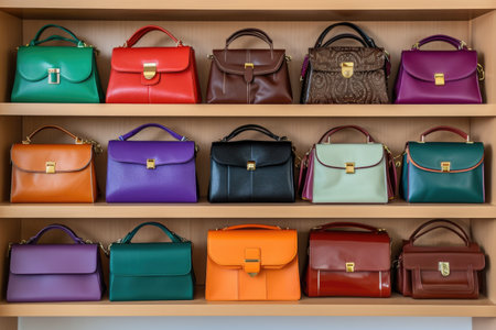 array of womens handbags on a shelf, created with generative aiの素材
