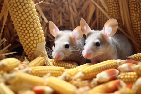 mice sneakily nibbling on grains in barn, created with generative aiの素材