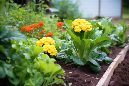 a bunch of marigolds planted among vegetables, created with generative aiの素材