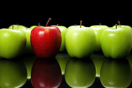 all green apples, one red apple, created with generative aiの素材