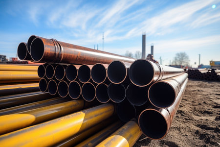stack of iron pipes on a construction site, created with generative aiの素材