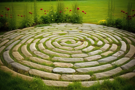 spiral pattern in grass created with paving stones, created with generative aiの素材