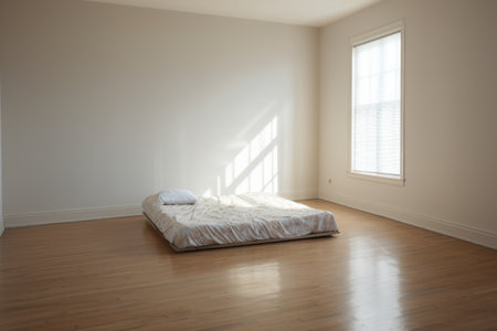 an empty room with a single mattress on the floor, created with generative aiの素材