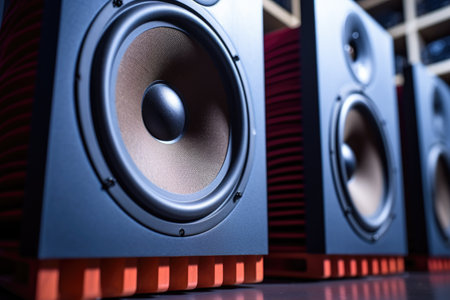 close-up of audio speakers generating high decibel noise, created with generative aiの素材