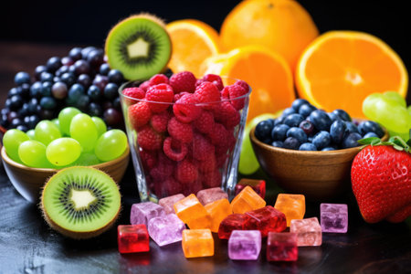 assortment of candy next to fresh fruits, created with generative aiの素材