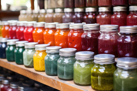 rows of glass jars filled with different colored organic masks, created with generative aiの素材