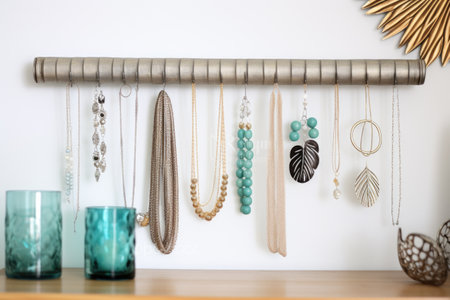 necklaces hanging on jewelry organizer, created with generative aiの素材