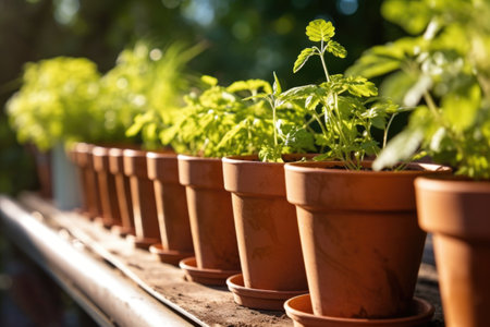 a row of ceramic plant pots in sunlight, created with generative aiの素材