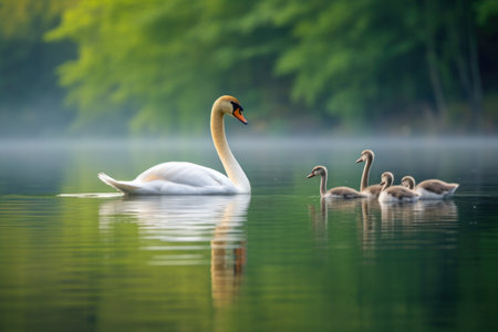 a pair of swans teaching their cygnets to swim on a calm lake, created with generative aiの素材
