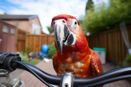 a red, friendly macaw on a scooter handlebar in backyard, created with generative aiの素材