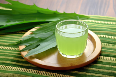 a view of aloe juice and cut leaves arranged on a woven placemat, created with generative aiの素材