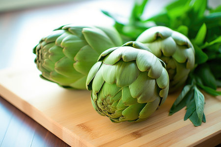 fresh, clean artichokes on a bamboo chopping board, created with generative aiの素材
