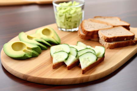 cut avocados next to sliced toasted bread on board, created with generative aiの素材