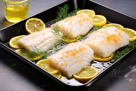 cod fillet in baking tray with lemon slices on top, created with generative aiの素材