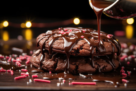 melted chocolate being drizzled over a festive cookie, created with generative aiの素材