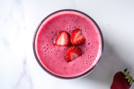 overhead shot of a berry smoothie in a clear glass jar, created with generative aiの素材