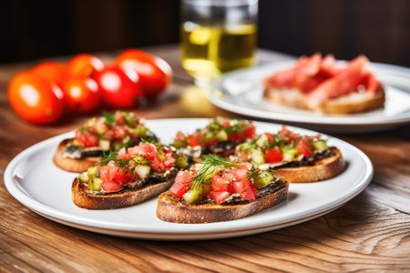 anchovy bruschetta with a side of pickles on a circular plate, created with generative aiの素材