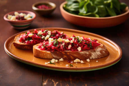 beetroot bruschetta on a red ceramic plate, created with generative aiの素材